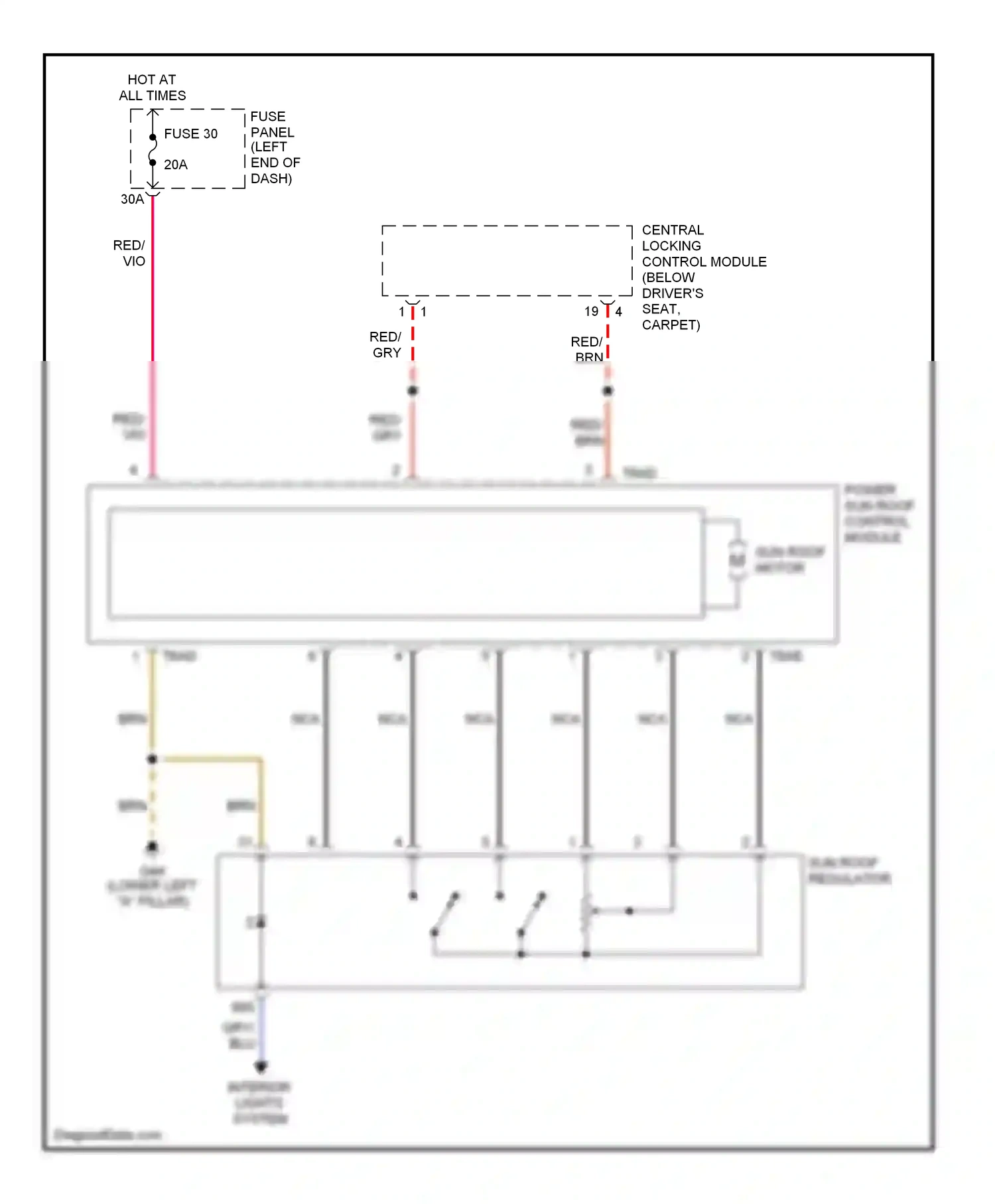 Audi A6 C5 facelift (2001-2004) central locking control module (below driver's seat, carpet) wiring diagram  (7 of 8)