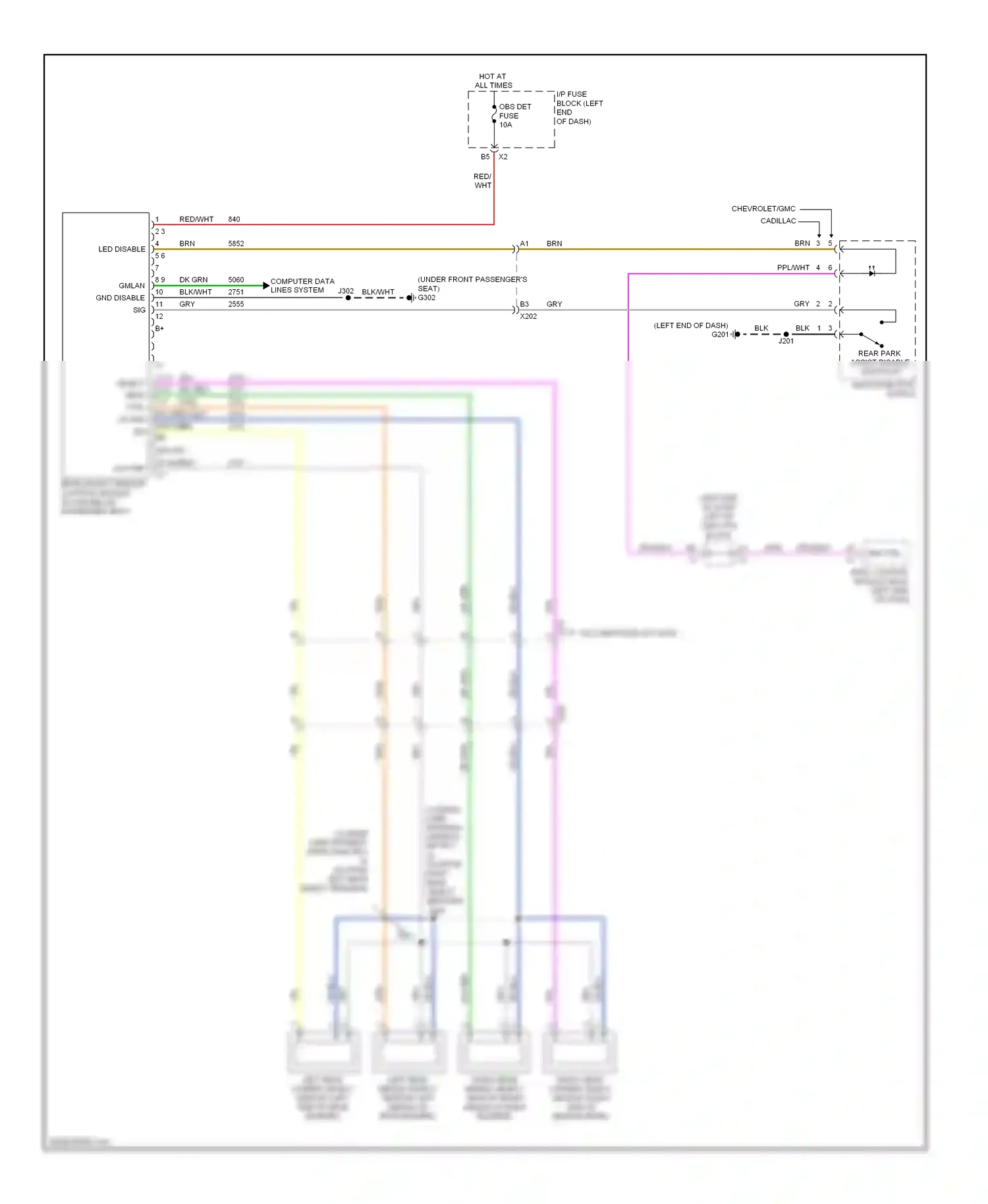 Cadillac Escalade GMT900 (2006-2014) rear object sensor control module (floor below passenger seat) wiring diagram  (1 of 1)
