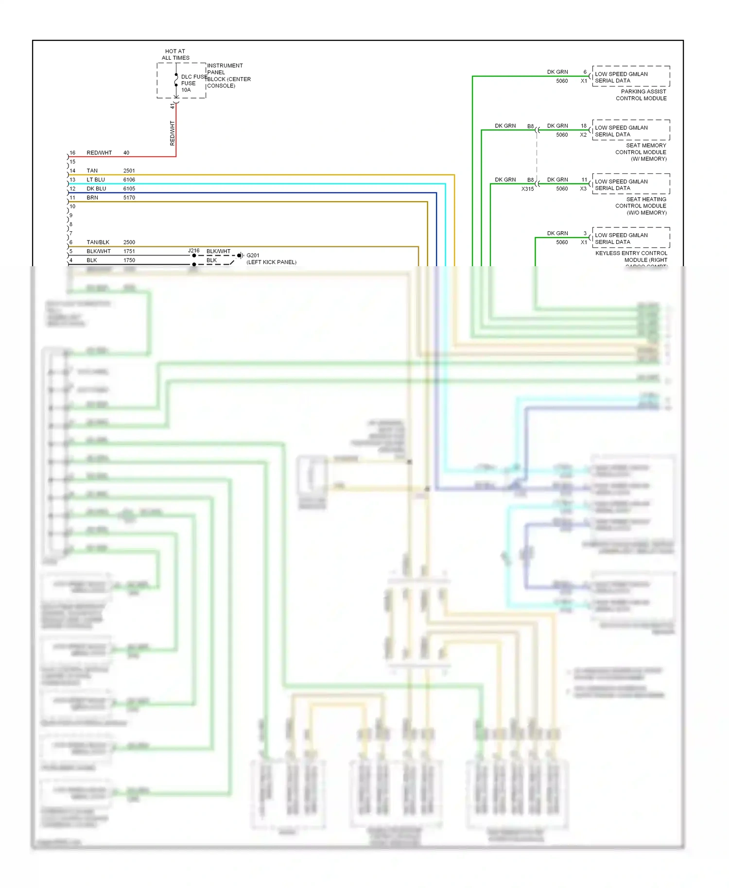 Cadillac SRX II (2009-2012) (left kick panel) wiring diagram  (5 of 48)