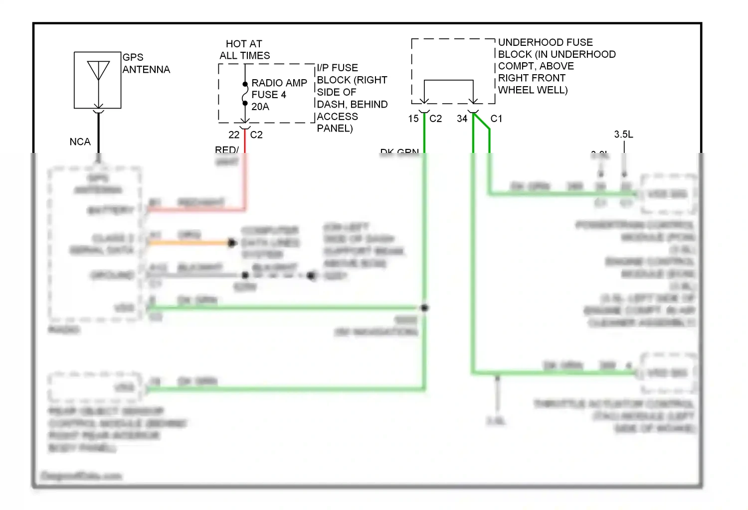 Chevrolet Uplander I (2004-2008) rear object sensor control module (behind right rear interior body panel) wiring diagram  (1 of 2)