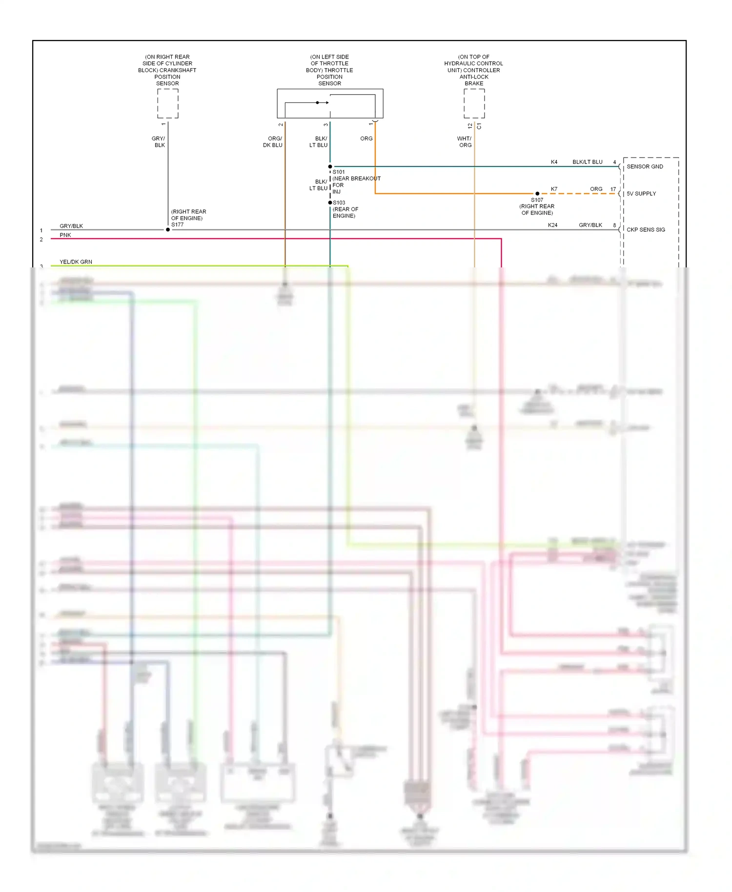 Dodge Dakota II (1997-2004) powertrain control module (in engine compt, on right inner fender panel) wiring diagram  (12 of 19)