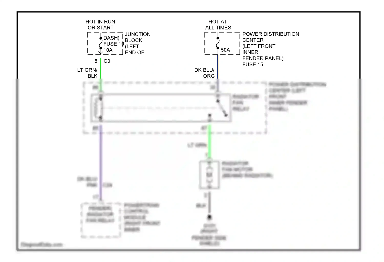 Dodge Durango I (1997-2003) powertrain control module (right front inner fender) radiator fan relay wiring diagram  (1 of 1)