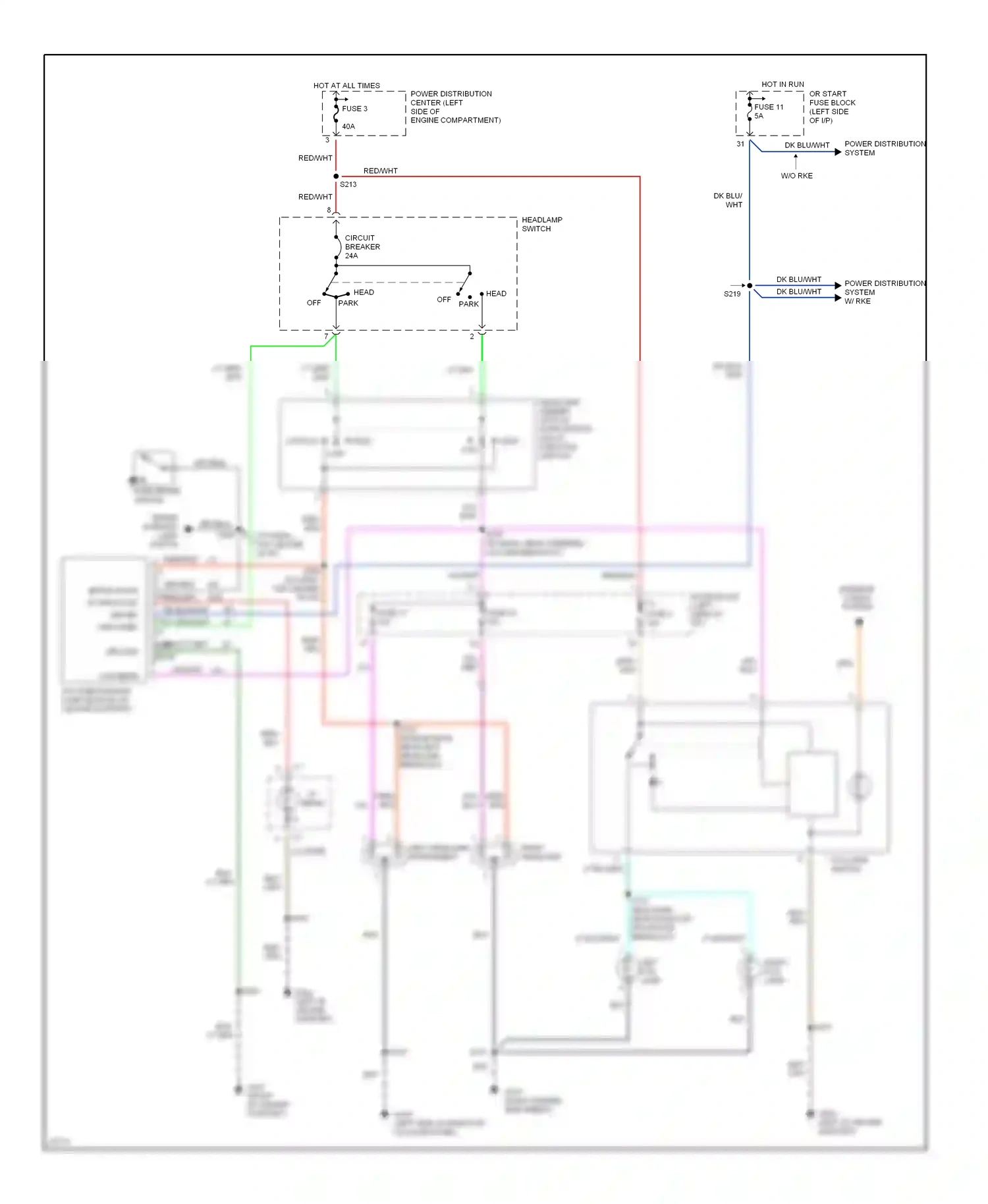 Dodge Neon I (1994-1999) headlamp dimmer, optical horn switch (multi- function switch) wiring diagram  (1 of 2)
