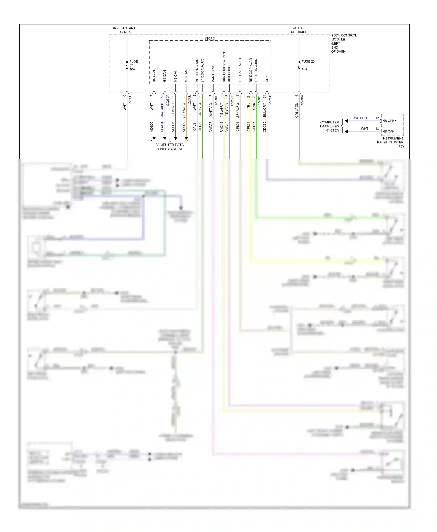 Ford Explorer V (2010-2015) restraints control module (under center console) wiring diagram  (1 of 4)
