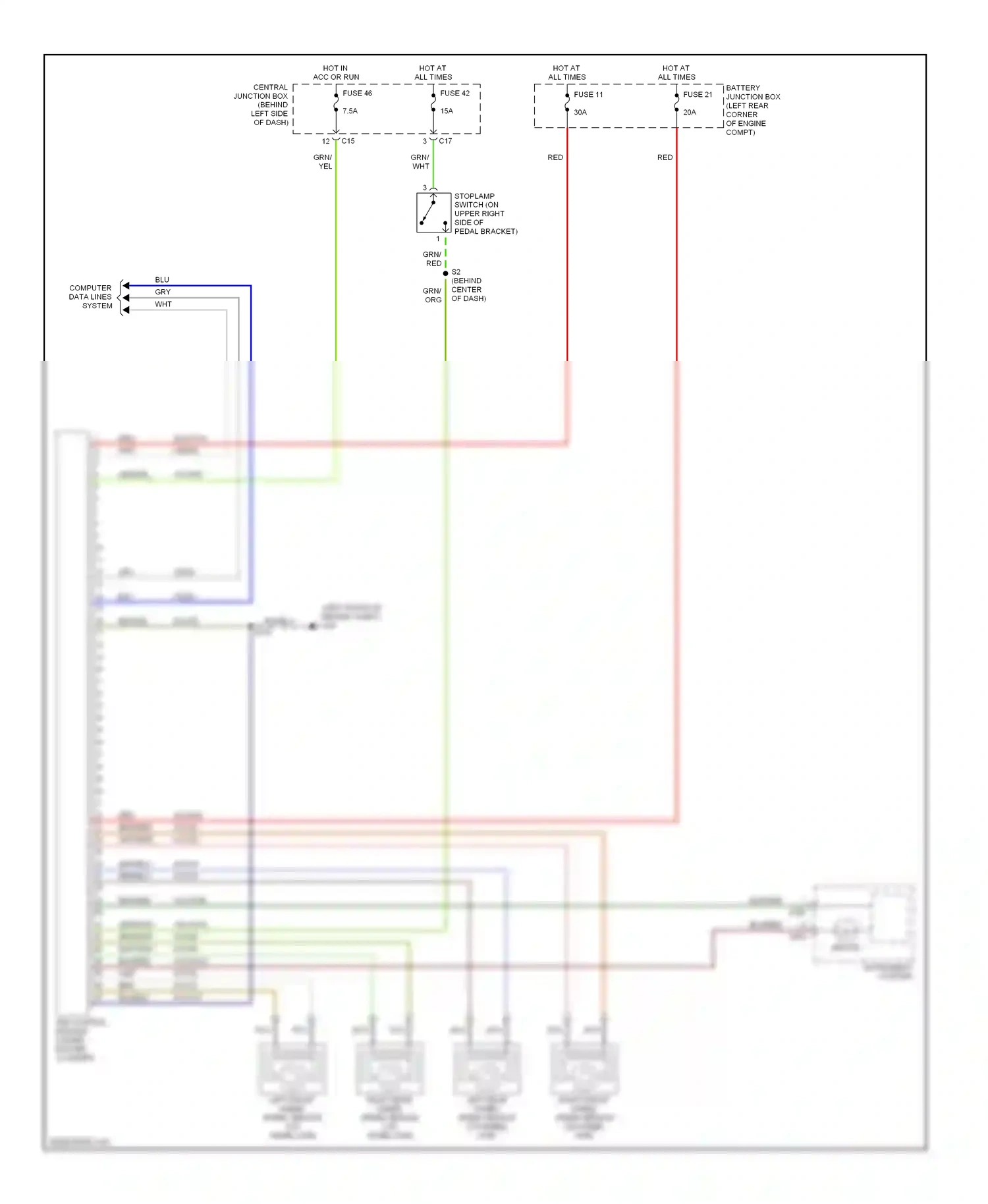 Ford Focus I (1998-2004) abs control module (under master cylinder) wiring diagram  (1 of 2)