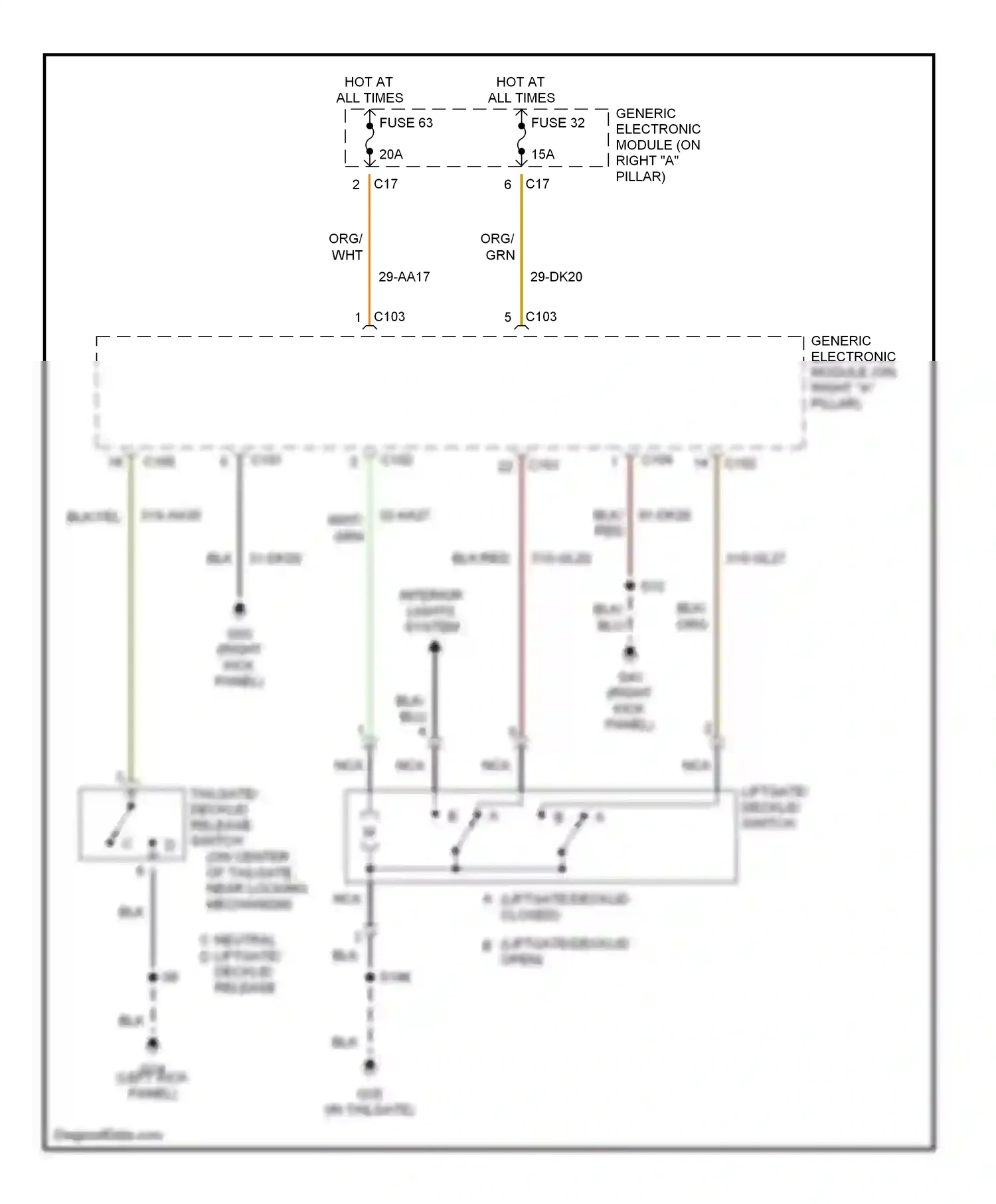 Wiring diagram neutral liftgate/ decklid release for Ford Focus I (1998-2004) (1 of 2)