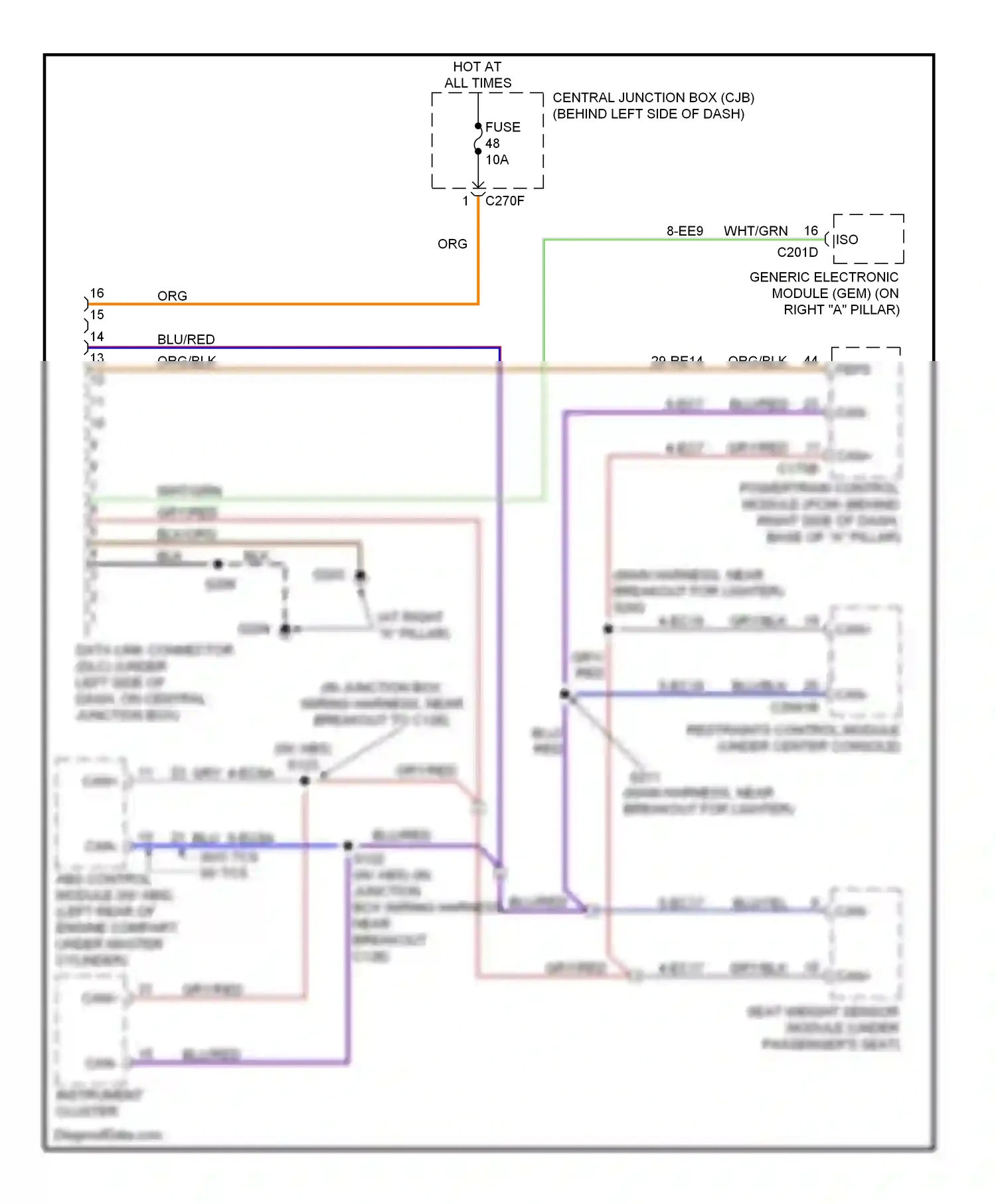 Ford Focus II (2005-2008) restraints control module (under center console) wiring diagram  (1 of 3)