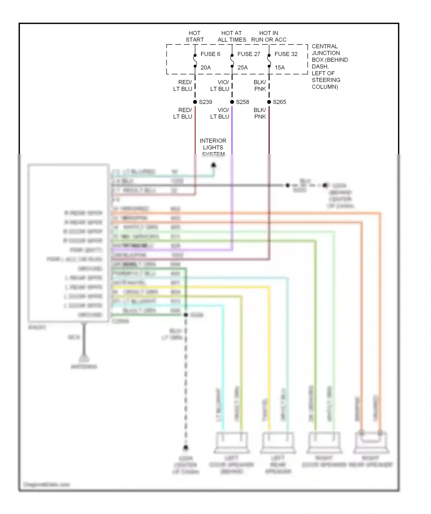 Wiring diagram left rear speaker for Ford Mustang IV facelift (1998-2004) (1 of 4)