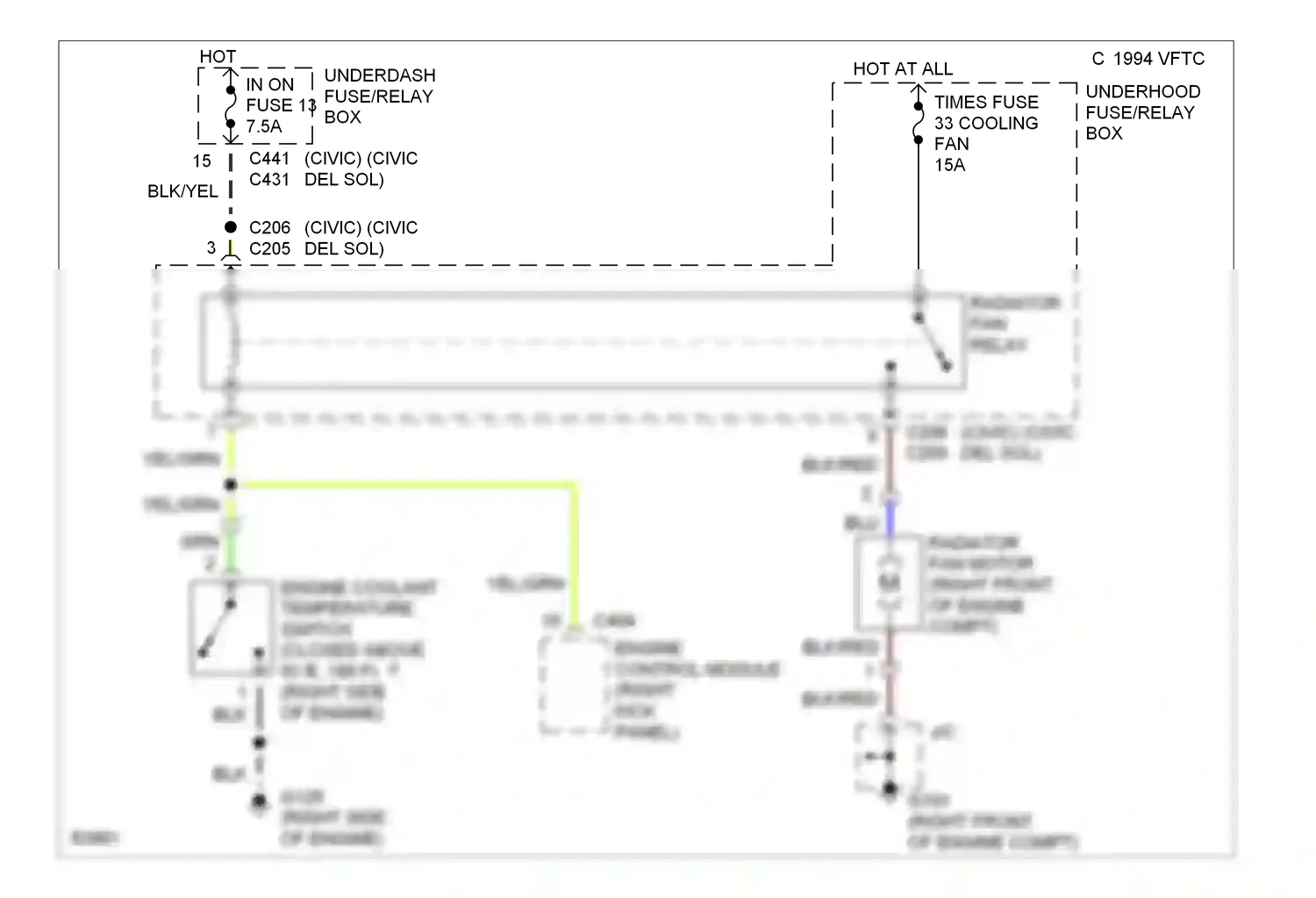 Honda Civic IV (1987-1996) engine control module (right kick panel) wiring diagram  (1 of 7)