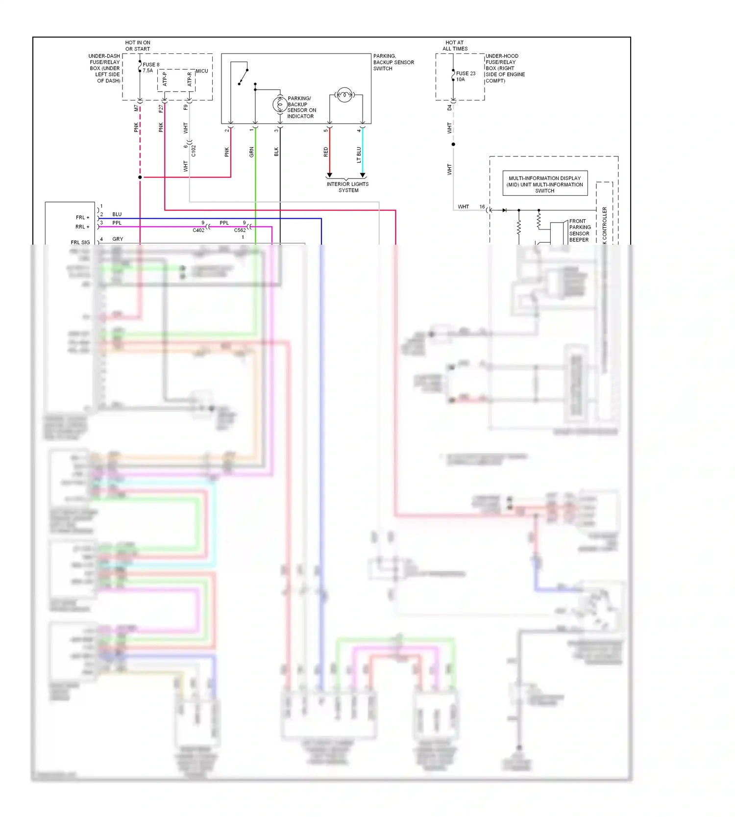 Honda Pilot II facelift (2011-2015) parking, backup sensor control unit (under left side of dash) wiring diagram  (1 of 2)