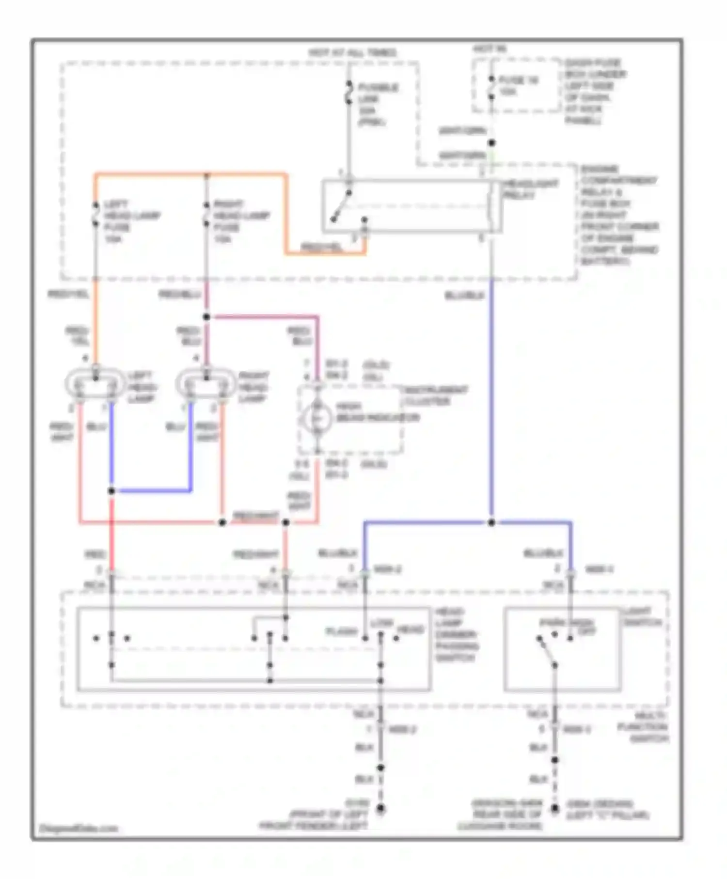 Elantra Hyundai II facelift (1998-2000): Headlamps circuit, without drl