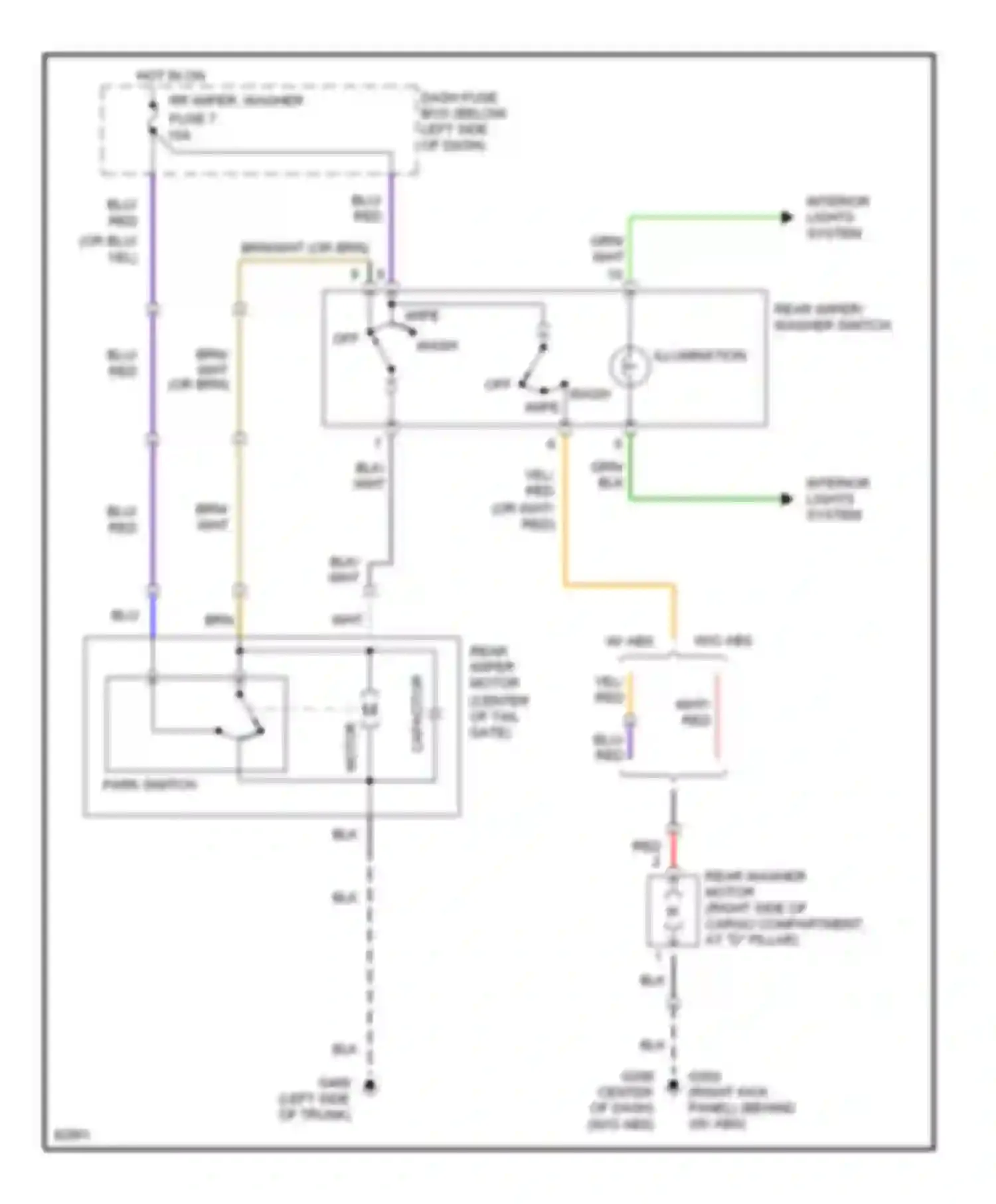 Wiring diagram hot in on rr wiper, washer fuse 7 for Hyundai Elantra II (1995-1998) (1 of 1)