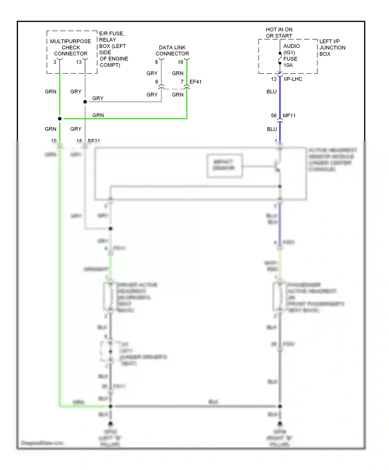 Hyundai Equus II (2009-2013) active headrest sensor module (under center console) wiring diagram  (2 of 2)
