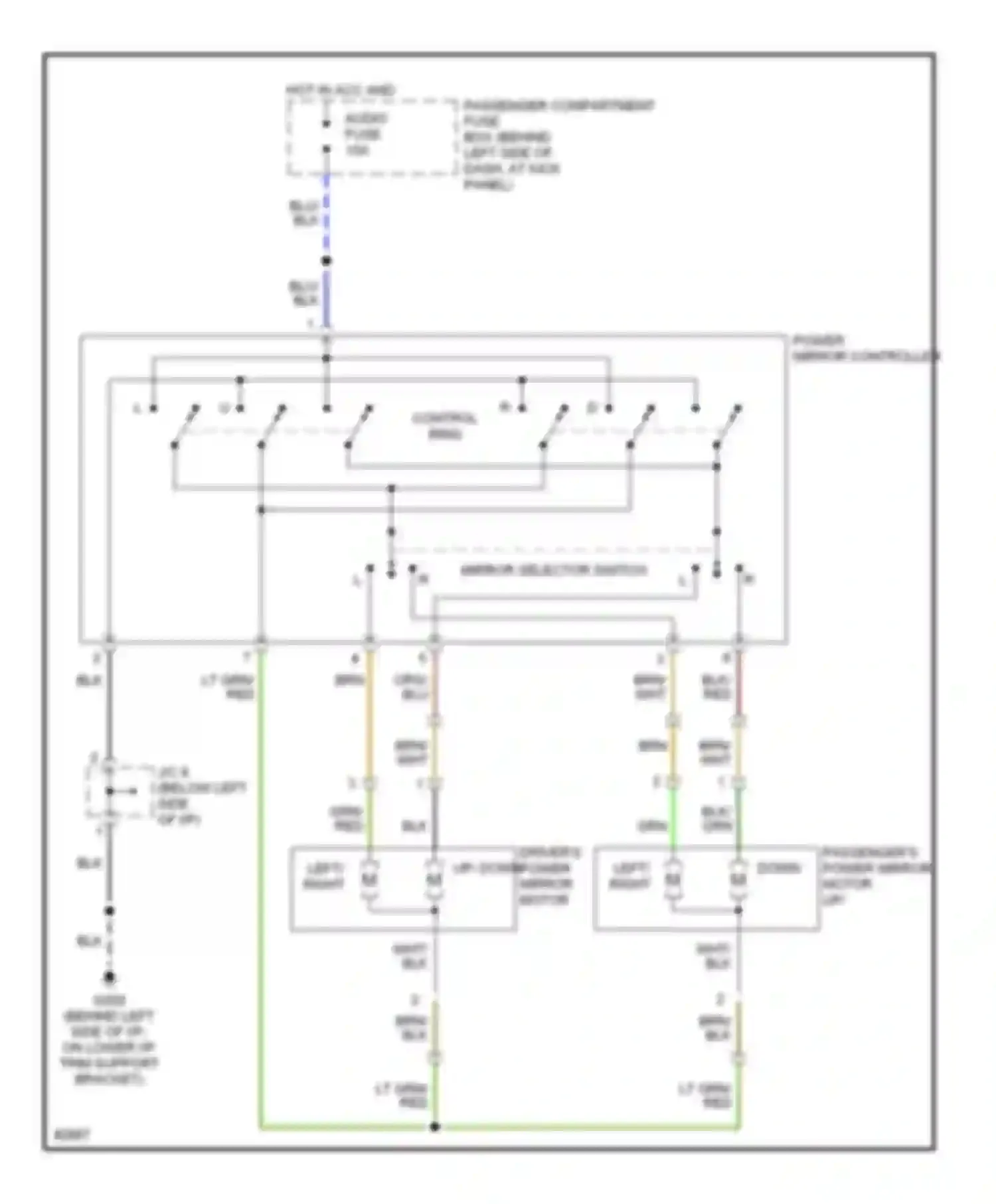Wiring diagram passenger's power mirror motor up/ down for Kia Sephia I facelift (1994-1998) (1 of 1)