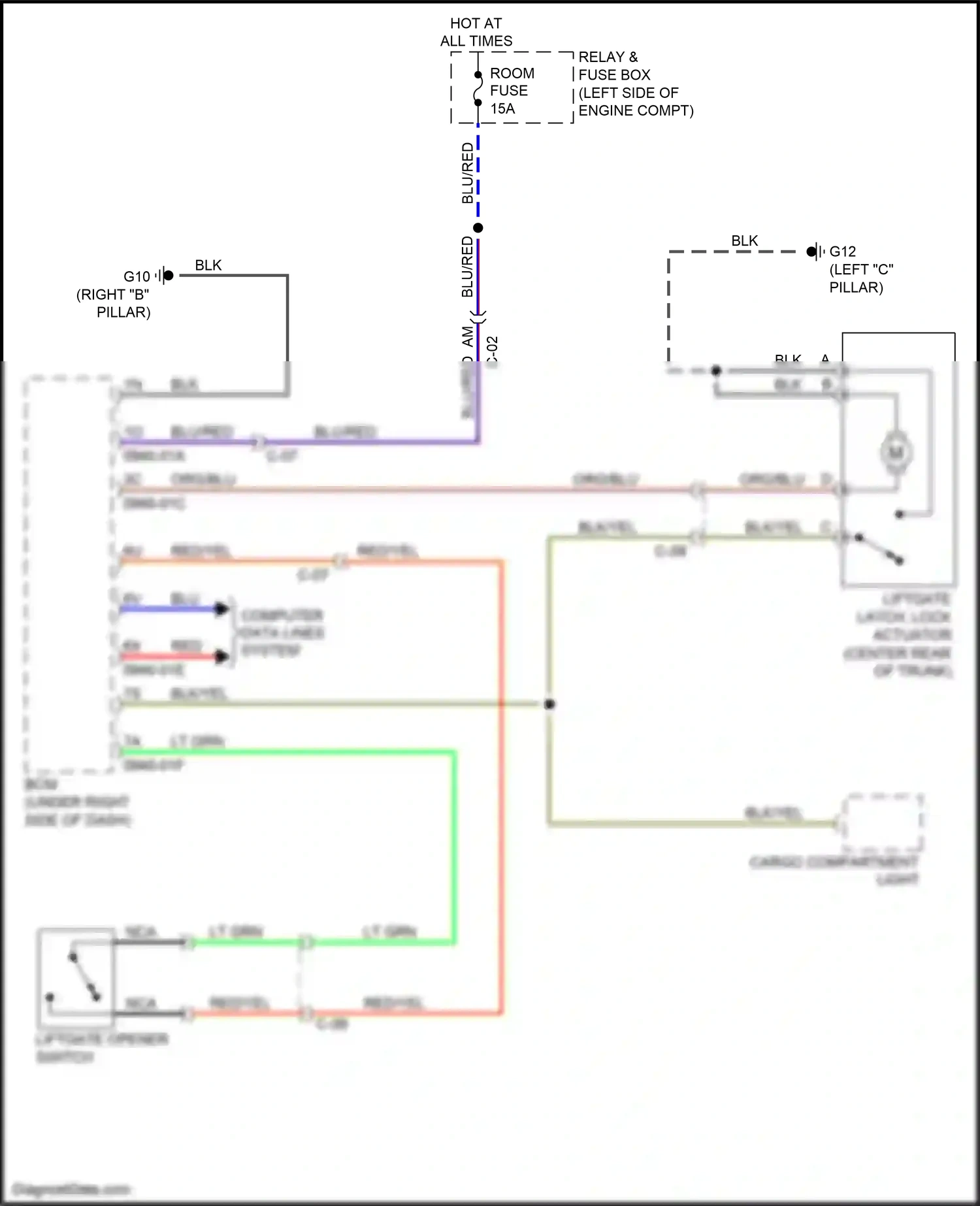 Wiring diagram liftgate latch, lock actuator for Mazda 2 II facelift (2010-2014) (4 of 4)