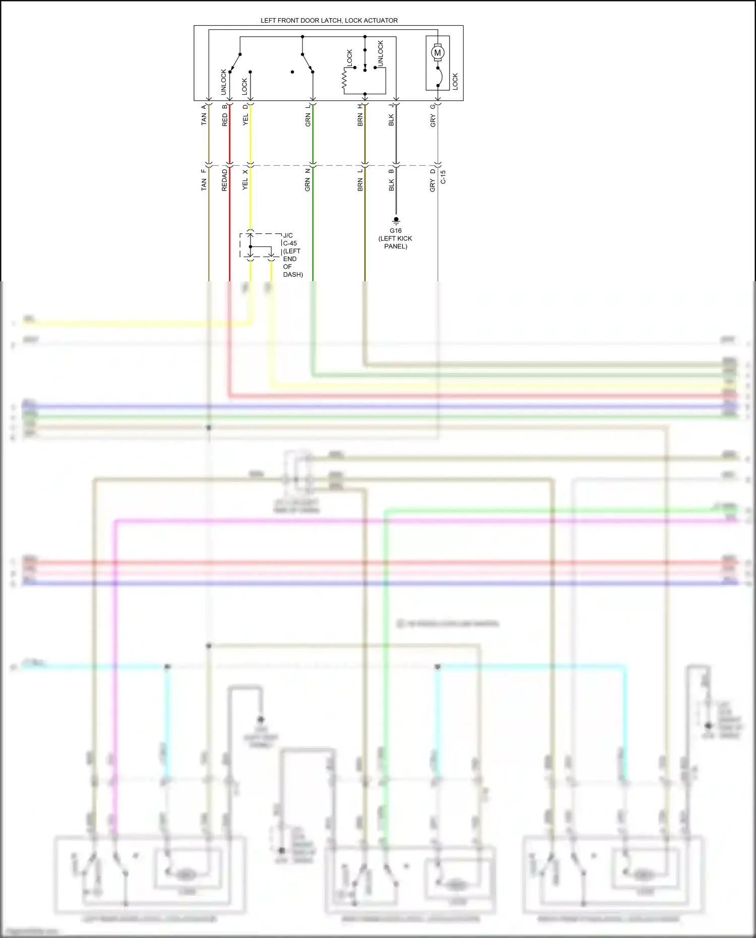 Wiring diagram left front door latch, lock actuator for Mazda CX-3 I (2015-2018) (1 of 5)