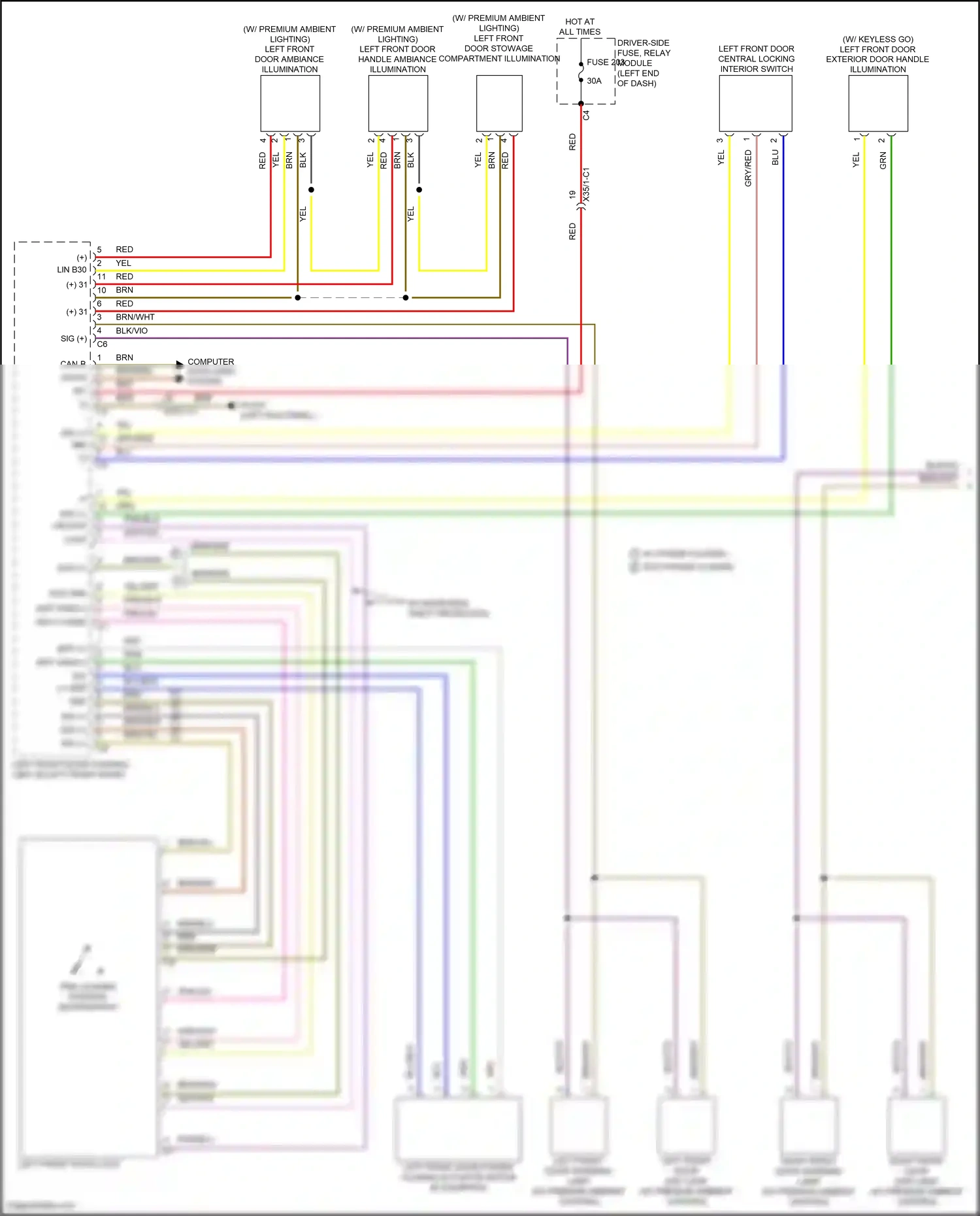 Wiring diagram left front door exit lamp for Mercedes-Benz CLS-class C257 (2017-2021) (1 of 3)