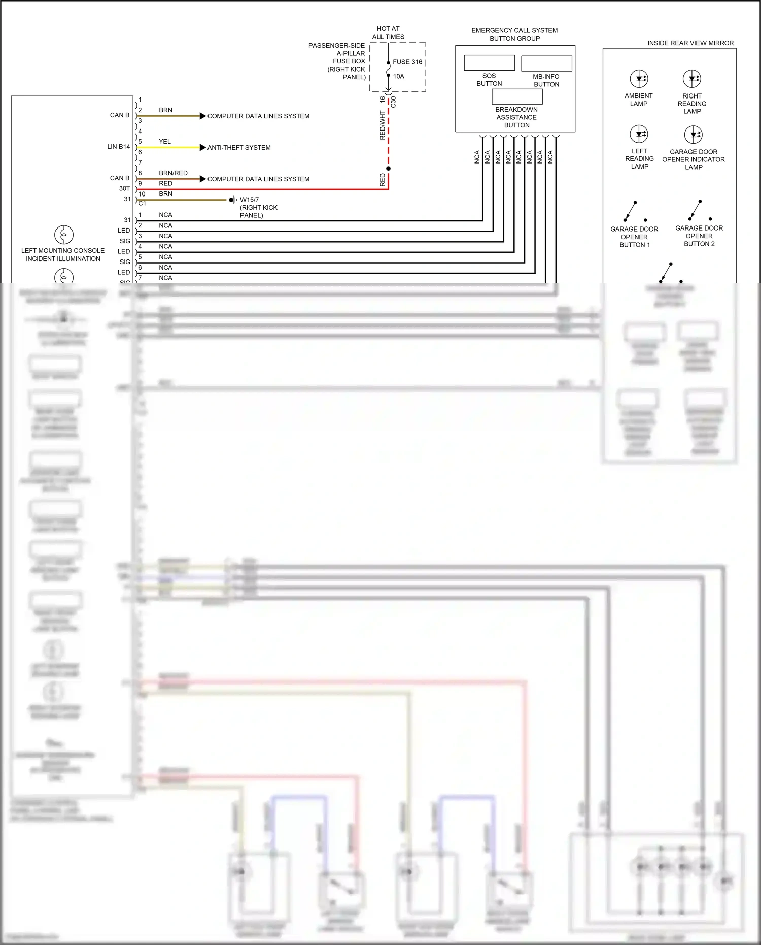 Wiring diagram emergency call system button group for Mercedes-Benz E-class W213/S213/C238/A238 (2016-2021) (1 of 1)