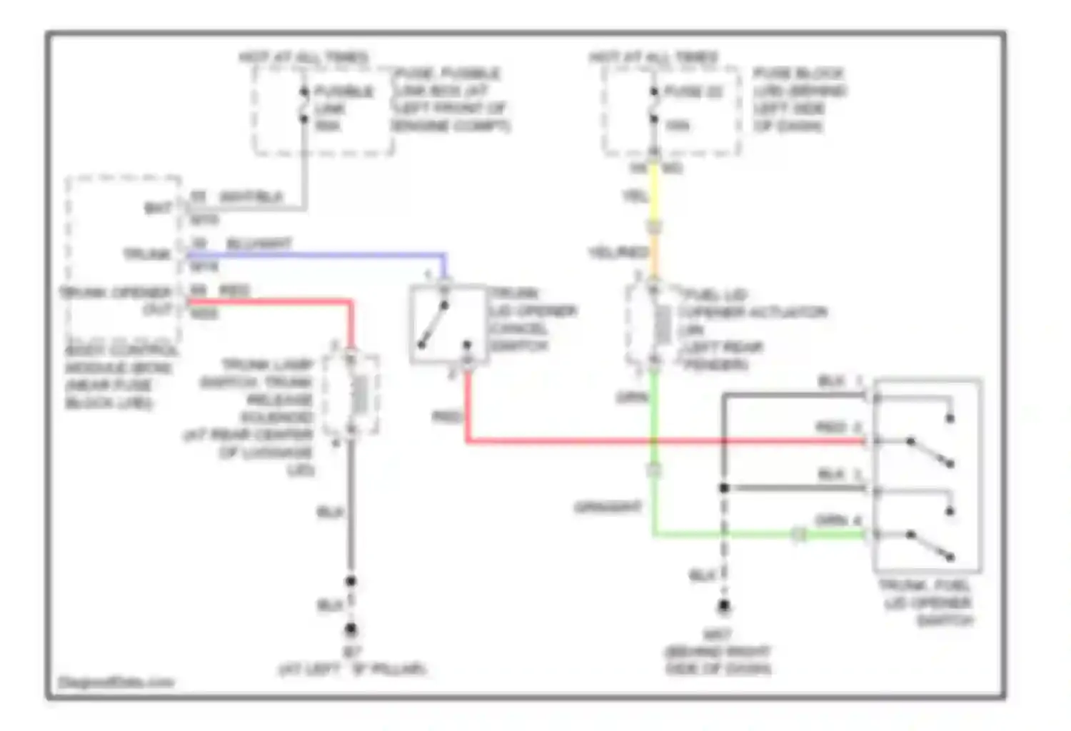 Wiring diagram trunk, fuel lid opener switch for Nissan Maxima A34 (2003-2008) (1 of 1)