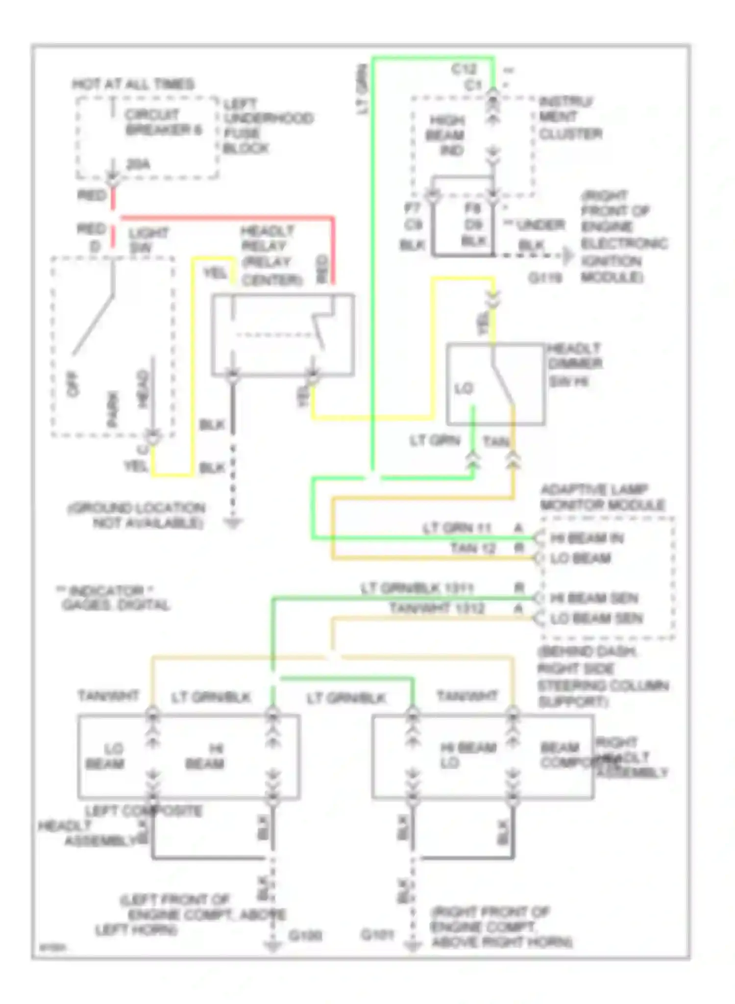 Ninety-Eight Oldsmobile XI (1991-1996): Headlight circuit, without lamp monitor & without twilight
sentinel