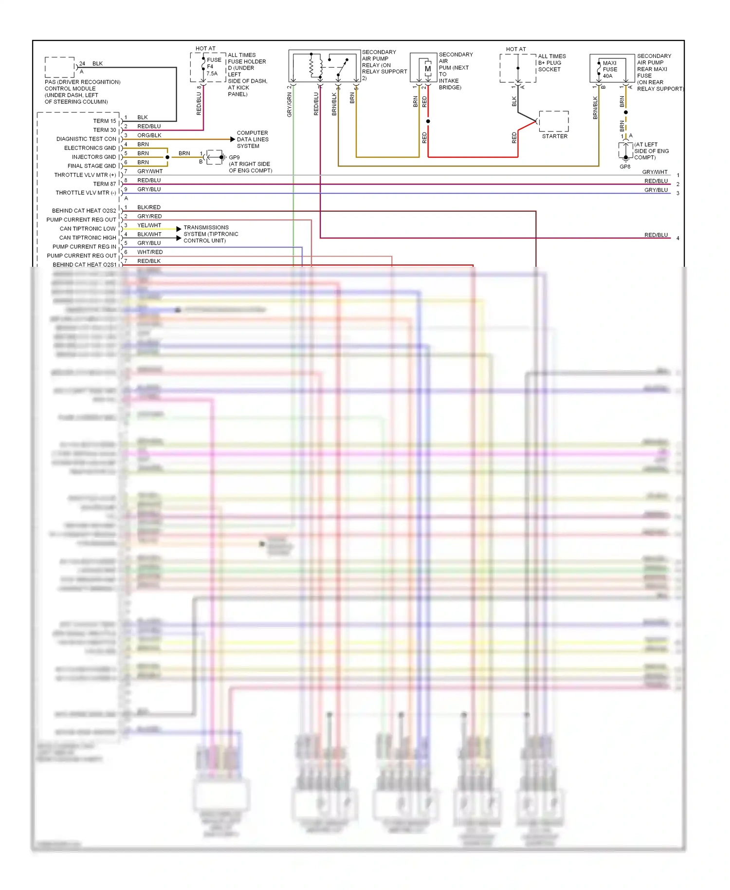 Porsche Boxster 987 (2004-2006) pas (driver recognition) control module (under dash, left of steering column) wiring diagram  (1 of 2)