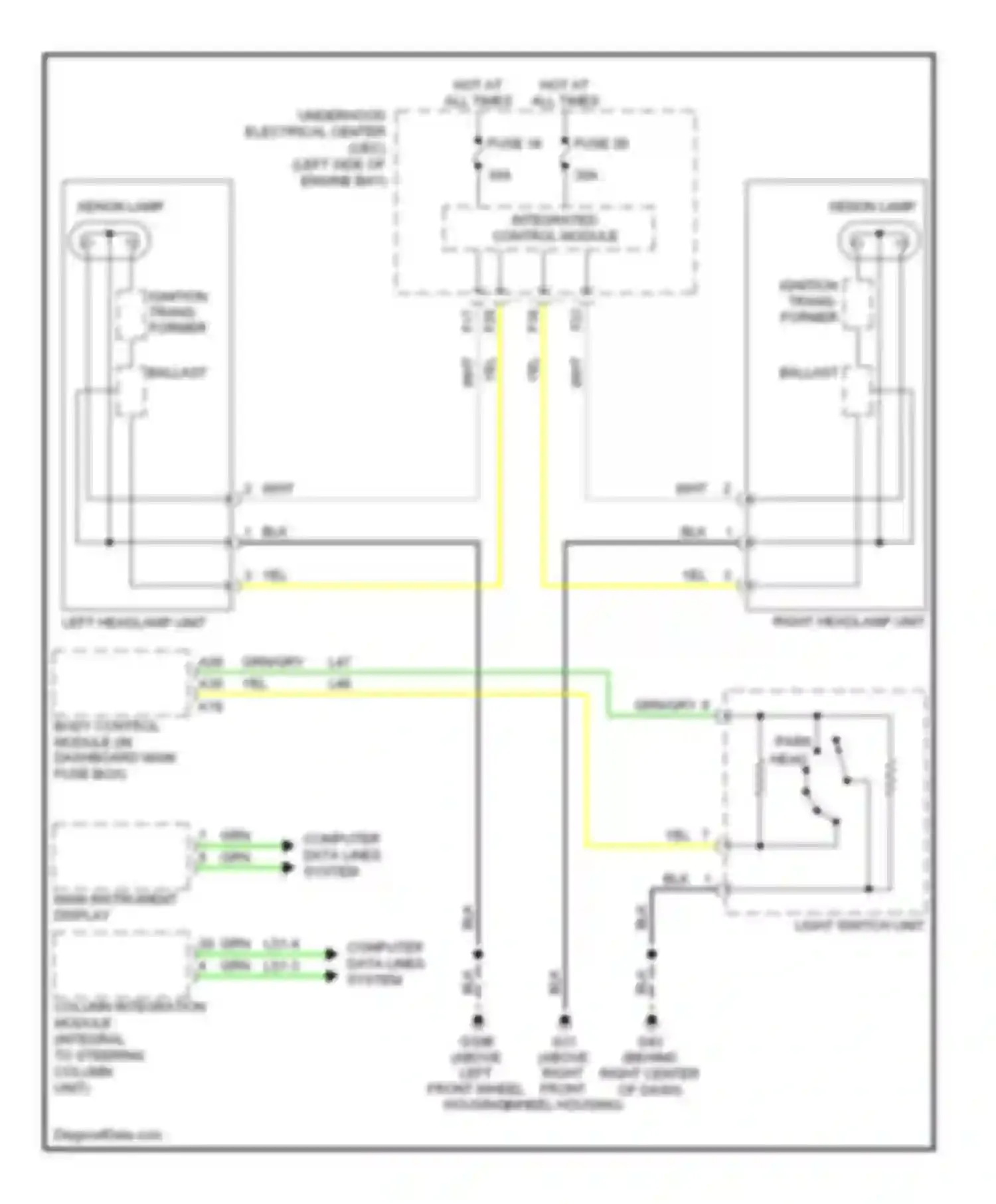 9-3 Saab II (2002-2008): Headlamps circuit, with xenon lamps