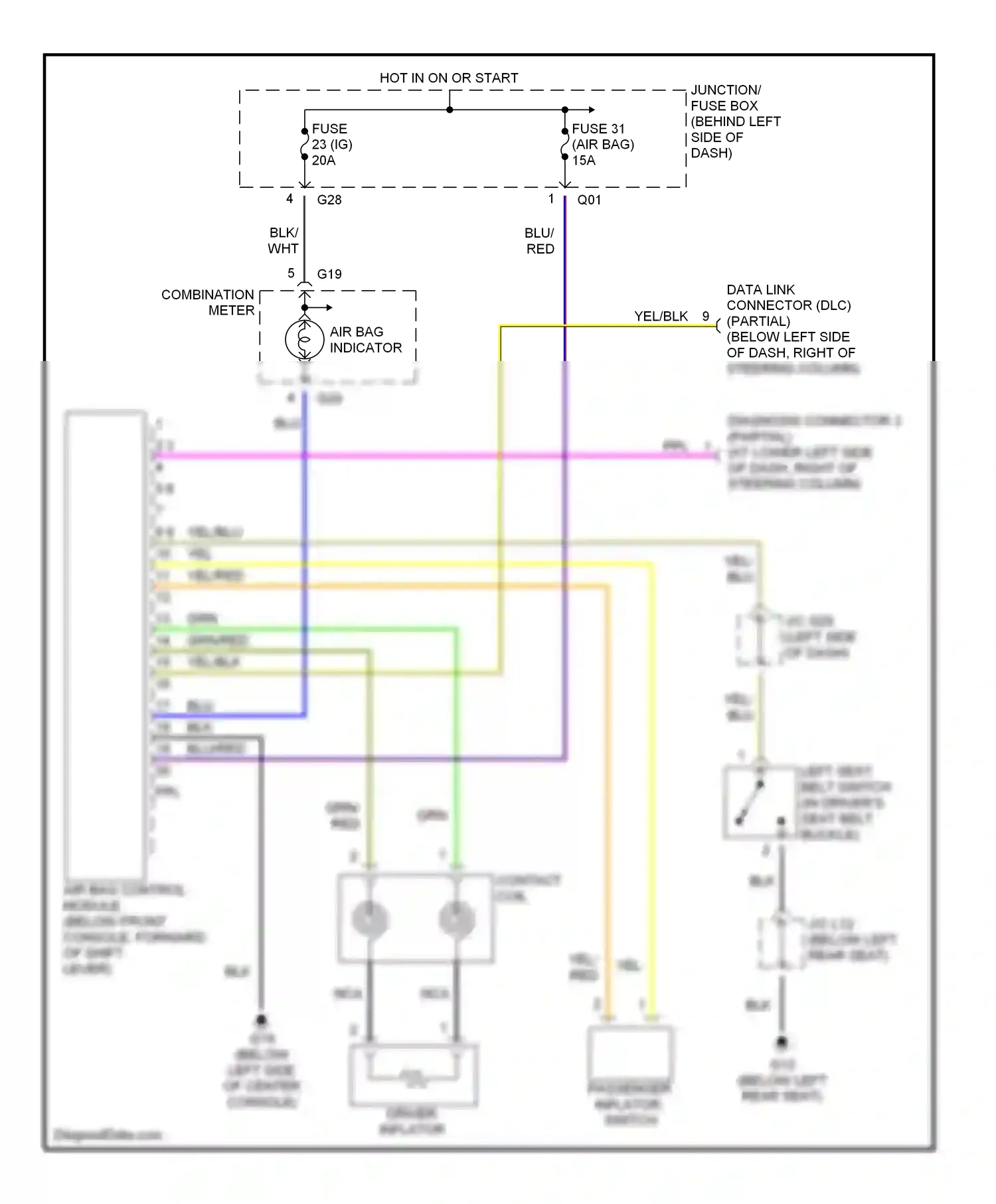 Suzuki Esteem I (1995-2004) air bag control module (below front console, forward of shift lever) wiring diagram  (1 of 1)