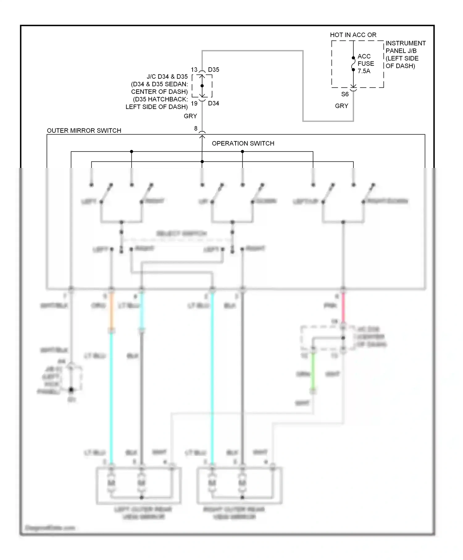 Wiring diagram outer mirror switch for Toyota Yaris II (2005-2009) (1 of 1)