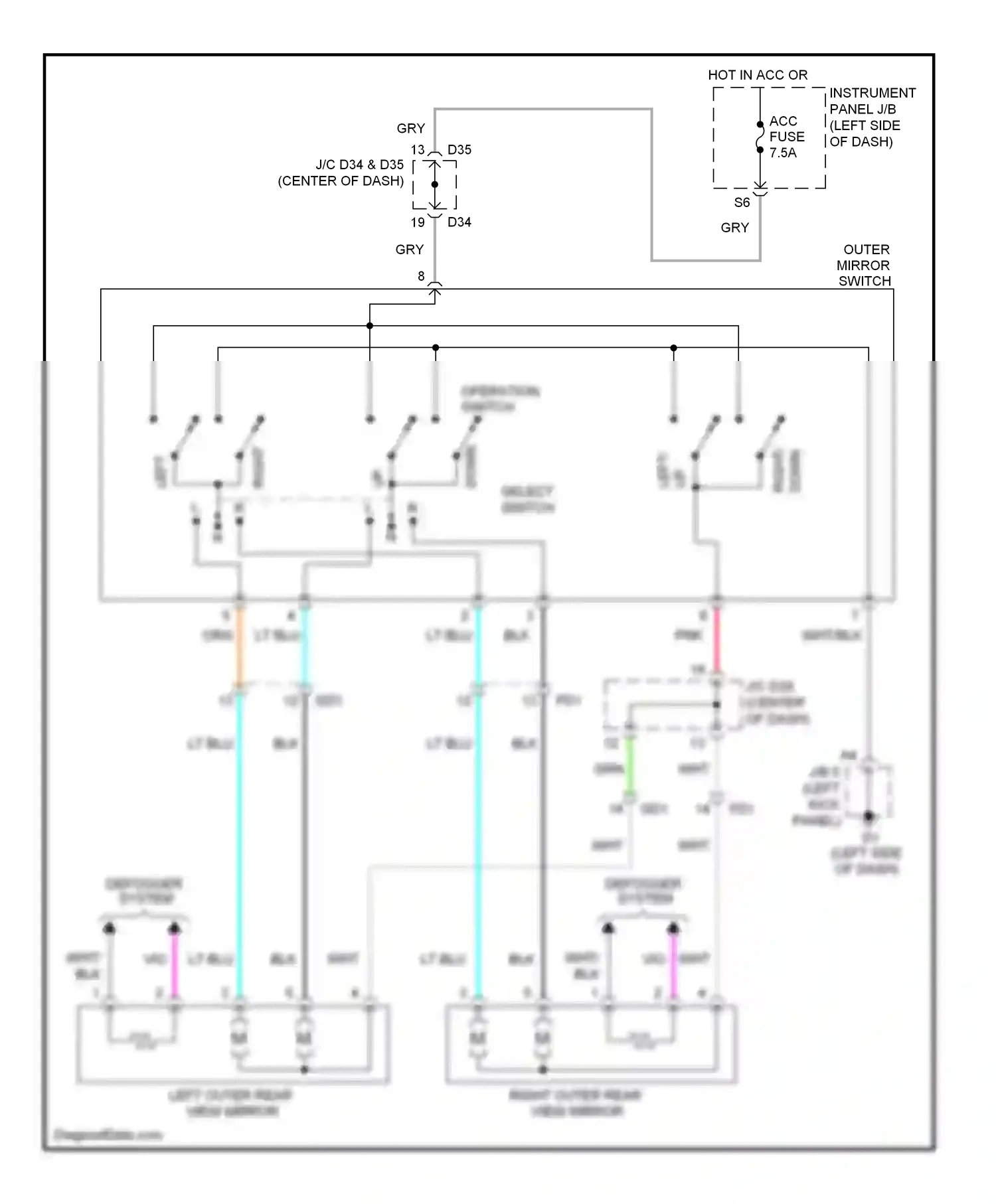 Wiring diagram outer mirror switch for Toyota Yaris III (2010-2014) (1 of 1)