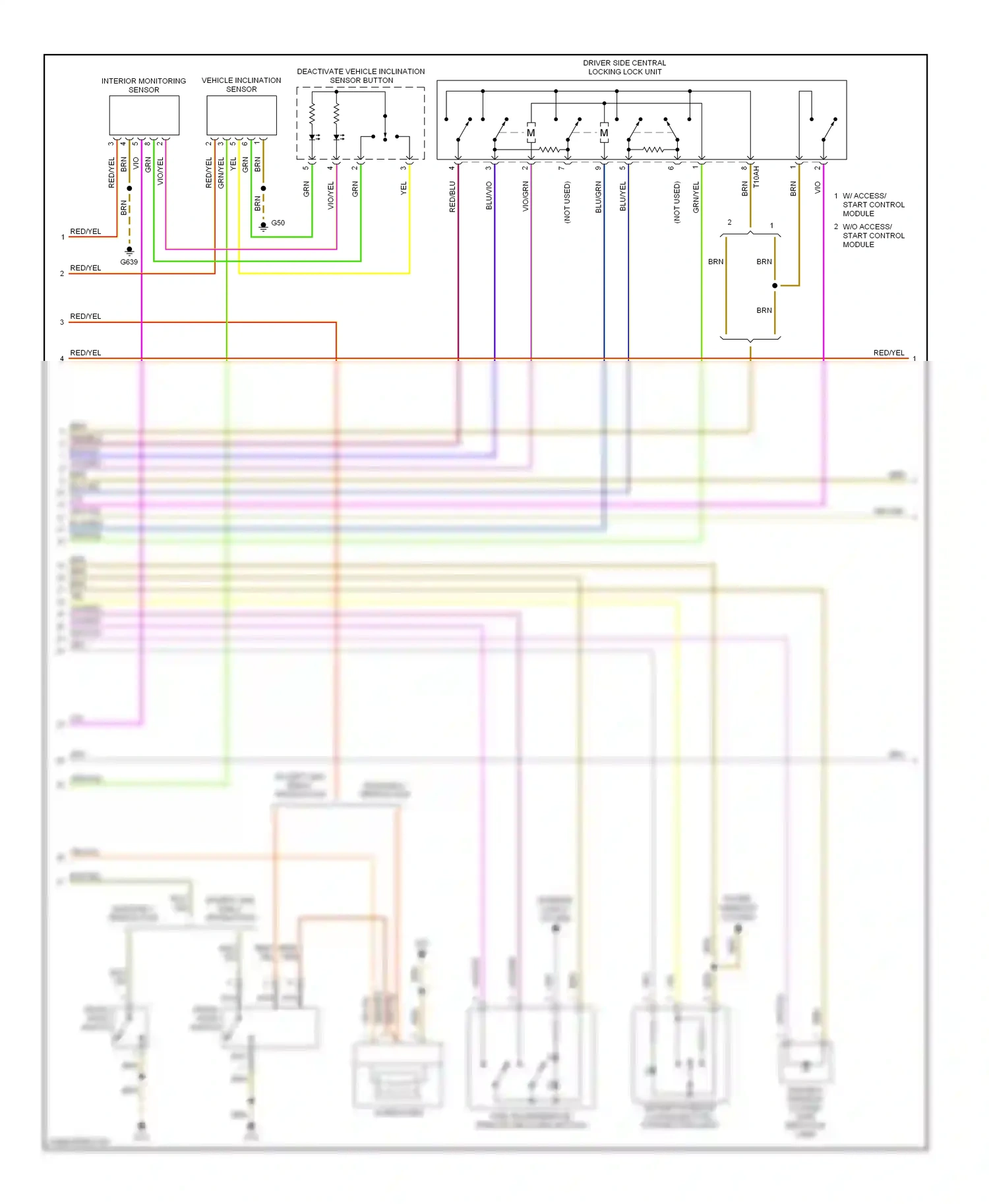Wiring diagram driver's interior locking button, push button light for Volkswagen Touareg I (2002-2006) (1 of 2)
